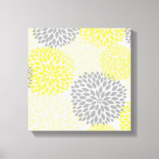 Yellow Grey modern dahlia blossoms wall art (Front)