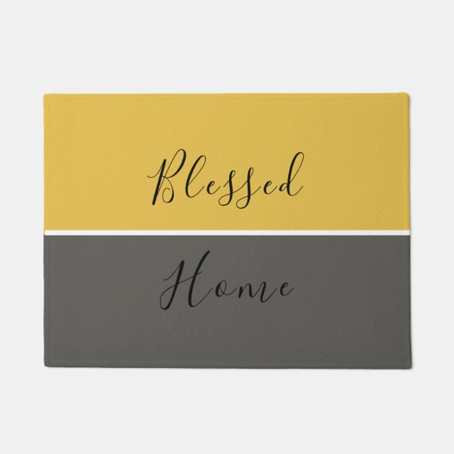 Yellow Grey Modern Elegant Script Blessed Home Doormat (Front)