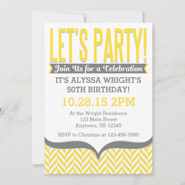 Yellow Grey Modern Herringbone Birthday Invitation (Front)