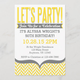 Yellow Grey Modern Herringbone Birthday Invitation