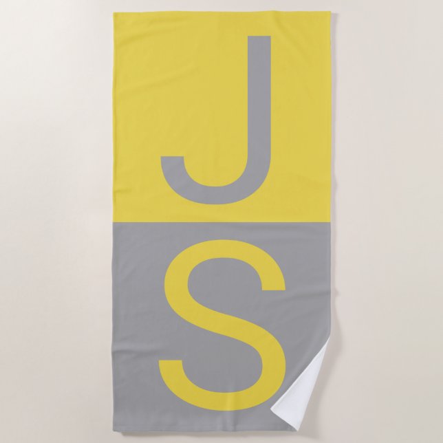 Yellow & Grey Modern Initials Monogram Beach Towel (Front)