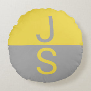 Yellow & Grey Modern Initials Monogram Round Cushion