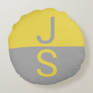 Yellow & Grey Modern Initials Monogram Round Cushion