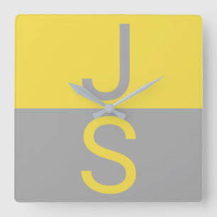 Yellow & Grey Modern Initials Monogram Square Wall Clock