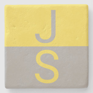Yellow & Grey Modern Initials Monogram Stone Coaster