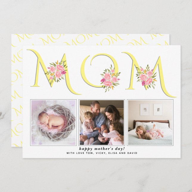 Yellow, grey MOM typography photo Mothers Day Holiday Card (Front/Back)