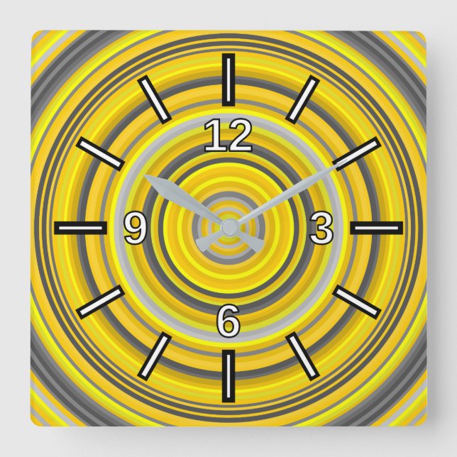 Yellow & Grey Nested Circles Pattern Square Clock (Front)