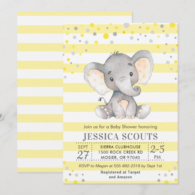 Yellow Grey Neutral Polka Dot Elephant Baby Shower Invitation (Front/Back)