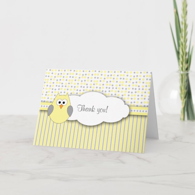 Yellow Grey Owl Mod Baby Shower Thank you note (Front)