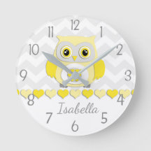 Yellow Grey Owl Nursery Wall Clock