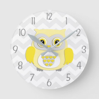 Yellow Grey Owl Nursery Wall Clock