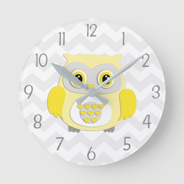 Yellow Grey Owl Nursery Wall Clock (Front)