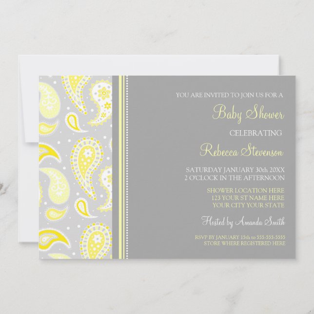 Yellow Grey Paisley Custom Baby Shower Invitations (Back)