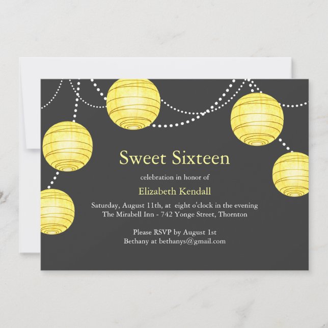 Yellow & Grey Party Lantern Sweet 16 Invitation (Front)