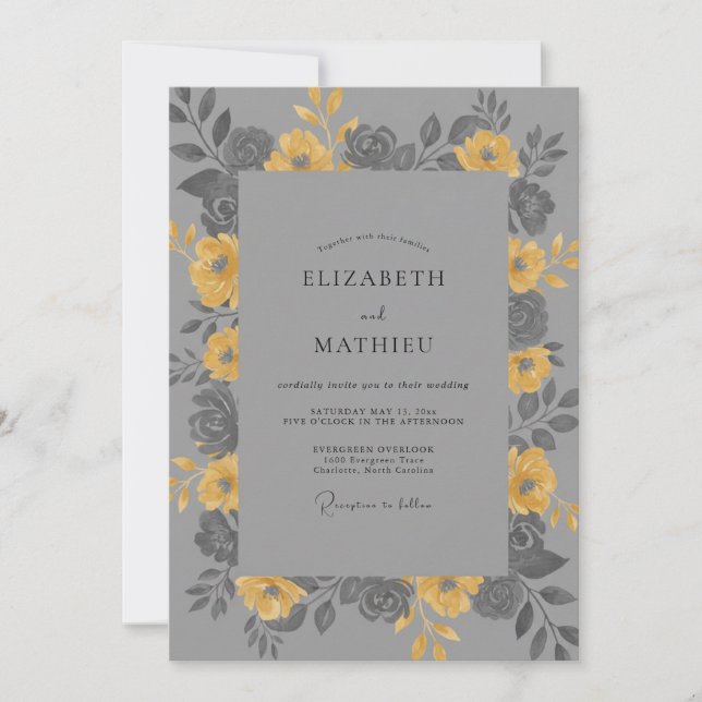 Yellow Grey Petal Wedding Invitation (Front)