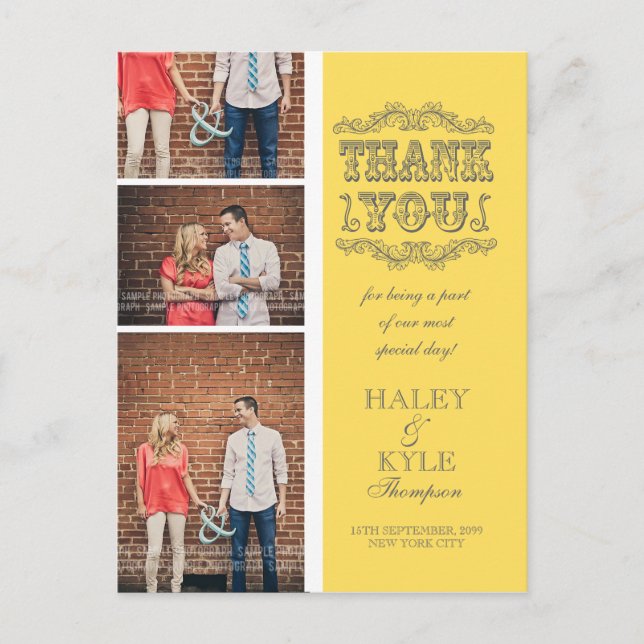 Yellow & Grey Photo Wedding Thank You Post Card (Front)