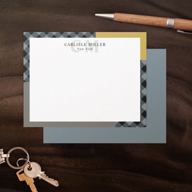 Yellow Grey Plaid Colorblock Monogram Name City Card (Creator Uploaded)