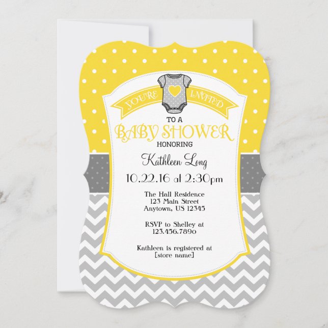Yellow Grey Polka Dot Chevron Baby Shower Invite (Front)