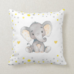 Yellow Grey Polka Dot Elephant Baby Shower Nursery Cushion