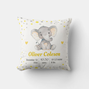 Yellow Grey Polka Dot Elephant Baby Stats Nursery Cushion