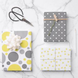 Yellow & Grey Polka Dots and Stars Wrapping Paper