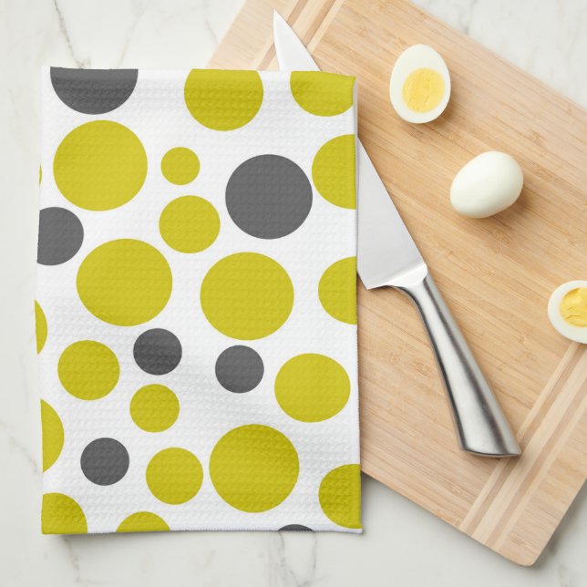 yellow grey polka dots on a white background tea towel (Quarter Fold)