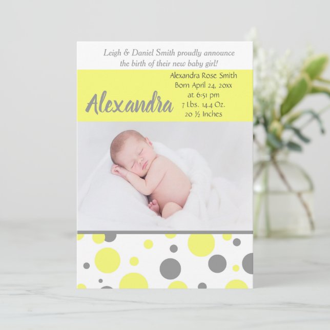 Yellow & Grey Polka Dots | Photo Birth Announcement (Standing Front)