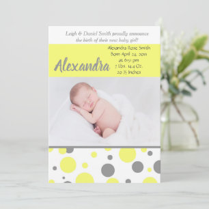 Yellow & Grey Polka Dots   Photo Birth Announcement