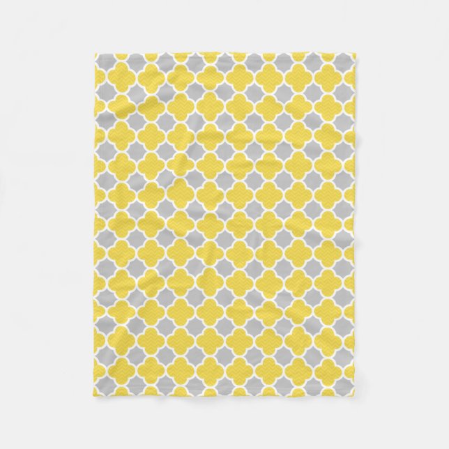 Yellow & Grey Quatrefoil Geometric Pattern Fleece Blanket (Front)