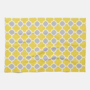 Yellow & Grey Quatrefoil Geometric Pattern Tea Towel