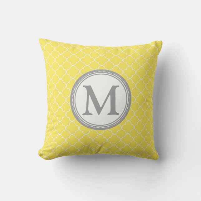Yellow Grey Quatrefoil Monogram Decorative Pillow (Front)