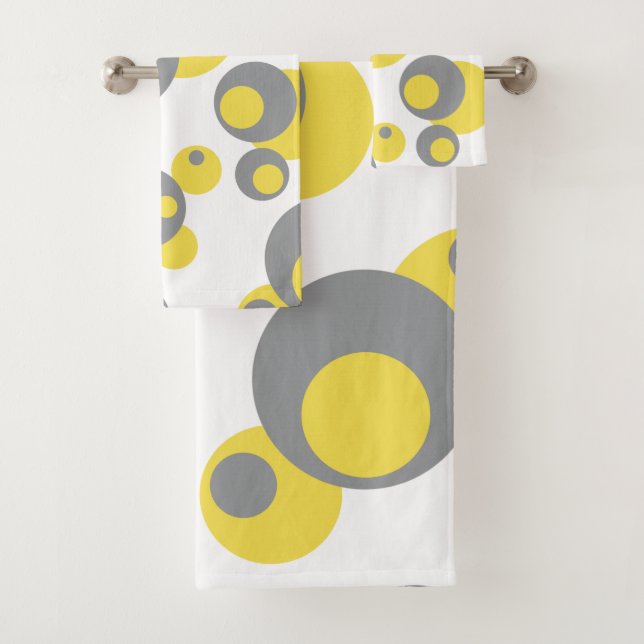 Yellow Grey Retro Circles Bath Towel Set (Insitu)