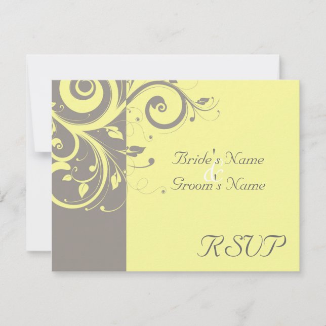 Yellow, Grey Reverse Swirl Wedding Matching RSVP Card (Front)