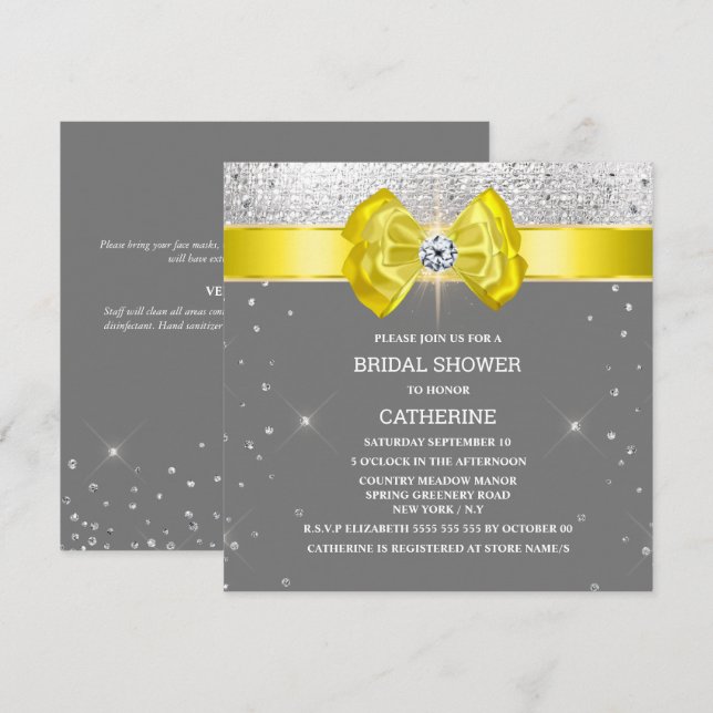 Yellow grey silver glitter bow elegant sparkle invitation (Front/Back)