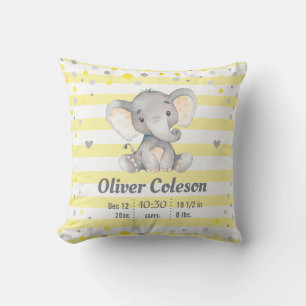 Yellow Grey Striped Elephant Baby Stats Nursery Cushion
