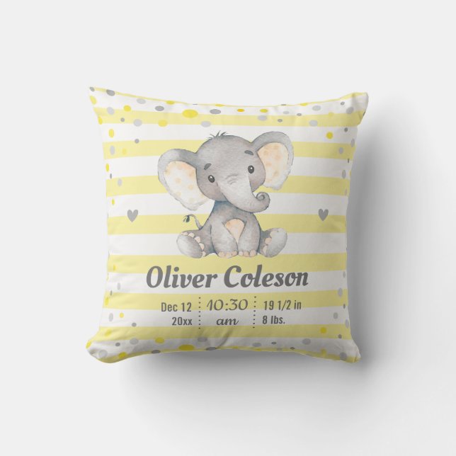 Yellow Grey Striped Elephant Baby Stats Nursery Cushion (Front)