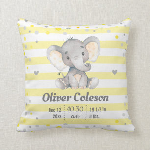 Yellow Grey Striped Elephant Baby Stats Nursery Cushion