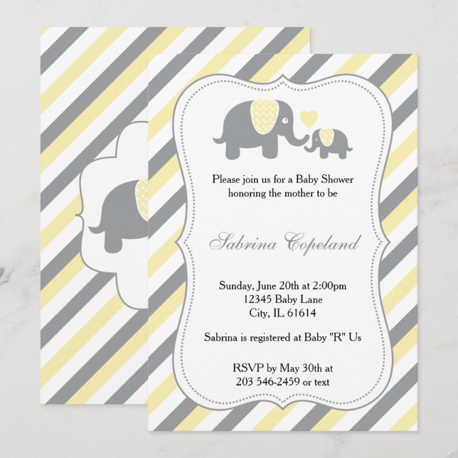 Yellow & Grey Stripes Baby Elephant | Baby Shower Invitation (Front/Back)
