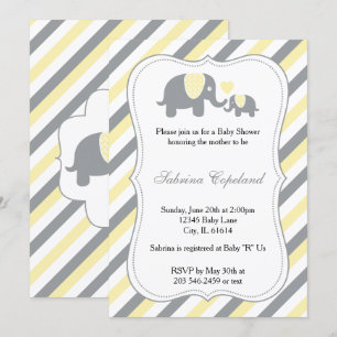 Yellow & Grey Stripes Baby Elephant Baby Shower Invitation