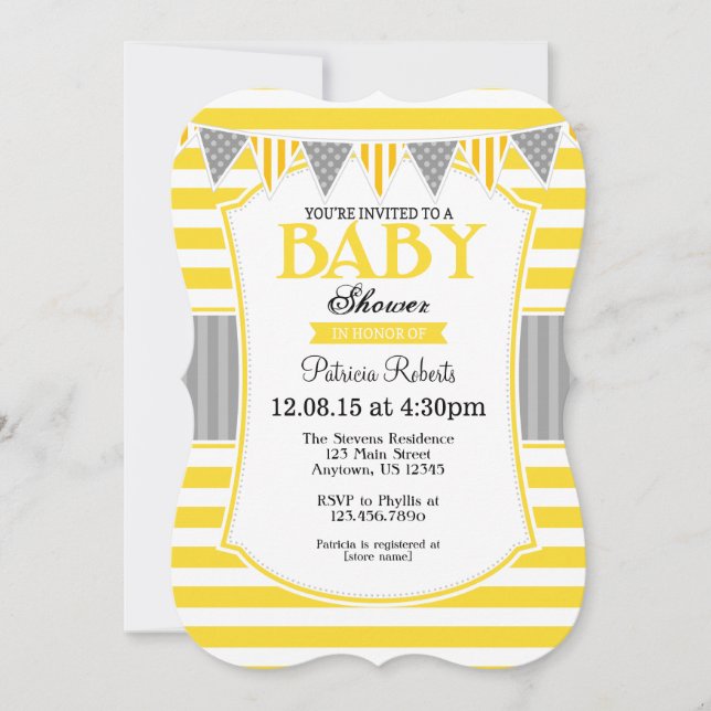 Yellow Grey Stripes Baby Shower Invitation (Front)