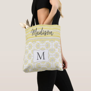 Yellow Grey Stripes Bee Trendy Initial Monogram Tote Bag