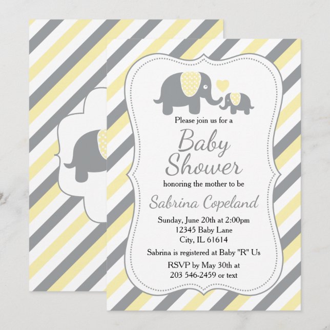 Yellow & Grey Stripes Elephant  | Baby Shower Invitation (Front/Back)