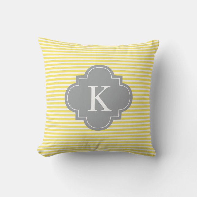 Yellow Grey Stripes Quatrefoil Monogram Cushion (Front)