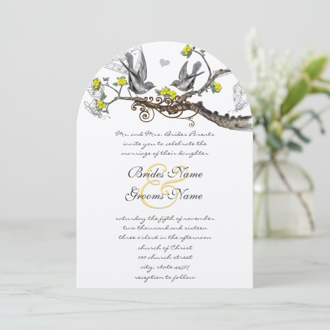 Yellow & Grey Vintage Birds Wedding Invite (Standing Front)