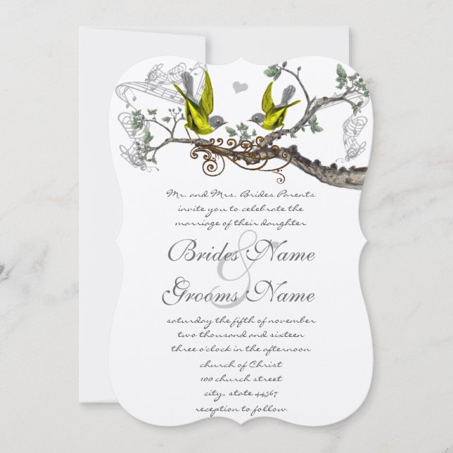 Yellow & Grey Vintage Birds Wedding Invite (Front)