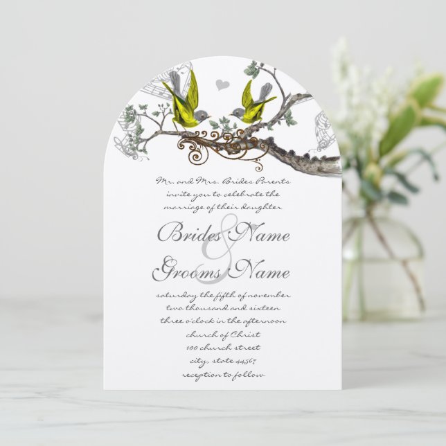 Yellow & Grey Vintage Birds Wedding Invite (Standing Front)