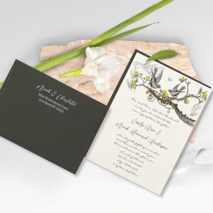 Yellow & Grey Vintage Love Birds Wedding  Invitation