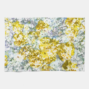 Yellow grey water colour flower pattern design tea towel