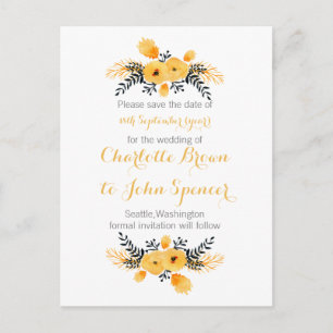 yellow grey watercolor floral save the dates announcement postcard