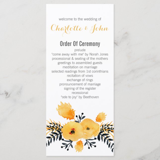 yellow grey watercolor floral wedding programs programme (Front)